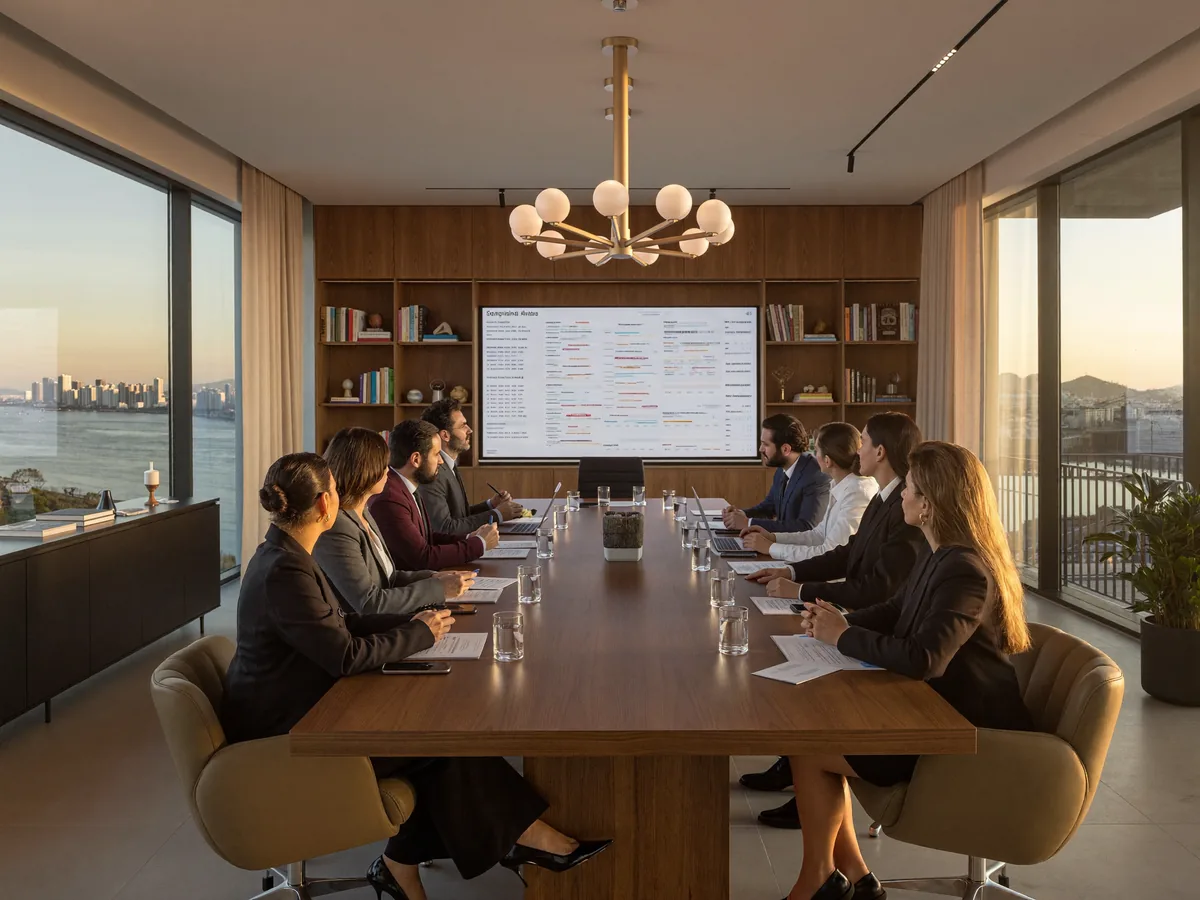 Assembleia de condomínio em sala de reuniões